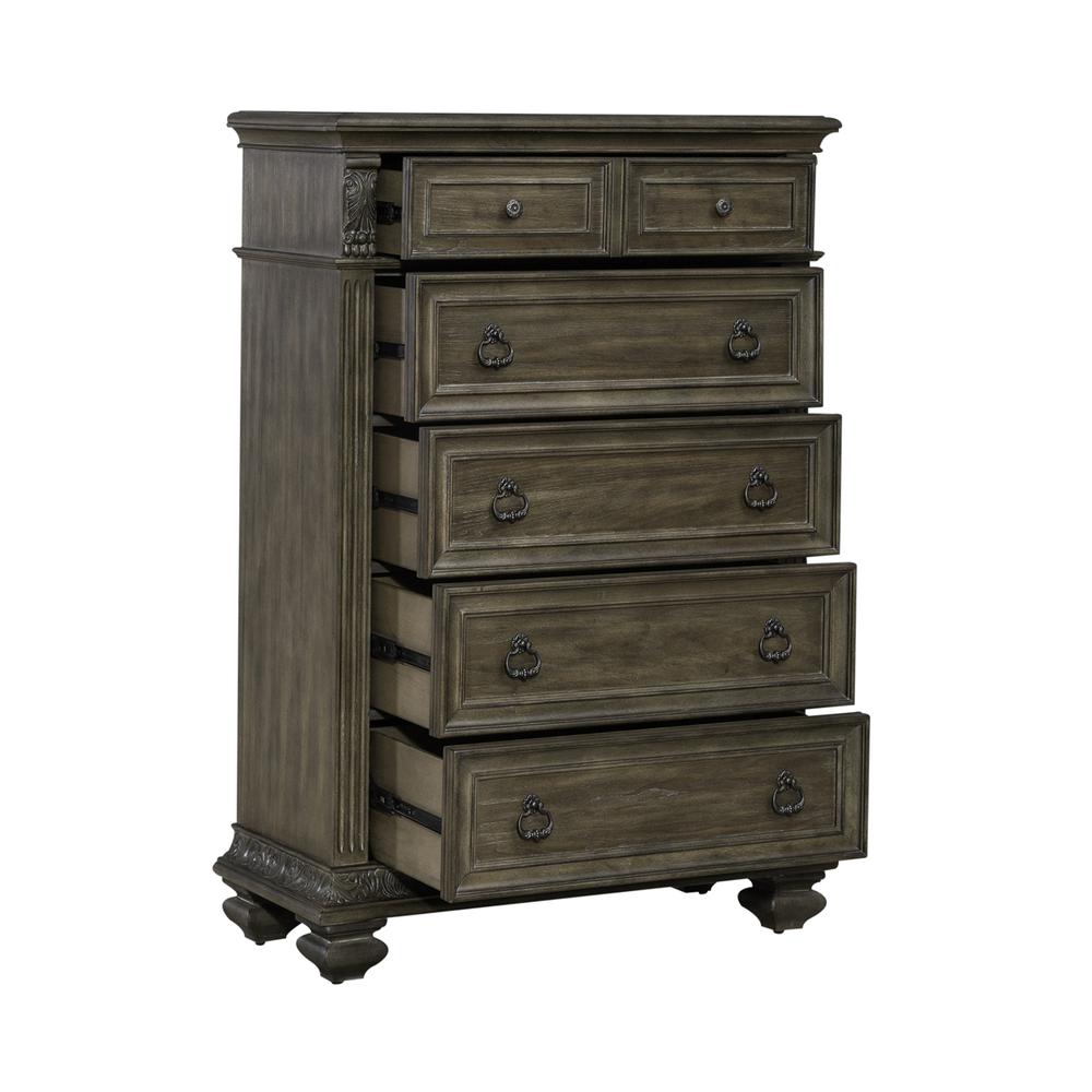 5 Drawer Chest Traditional Brown in Chestnut Finish w/ Dusty Wax