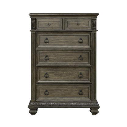 5 Drawer Chest Traditional Brown in Chestnut Finish w/ Dusty Wax