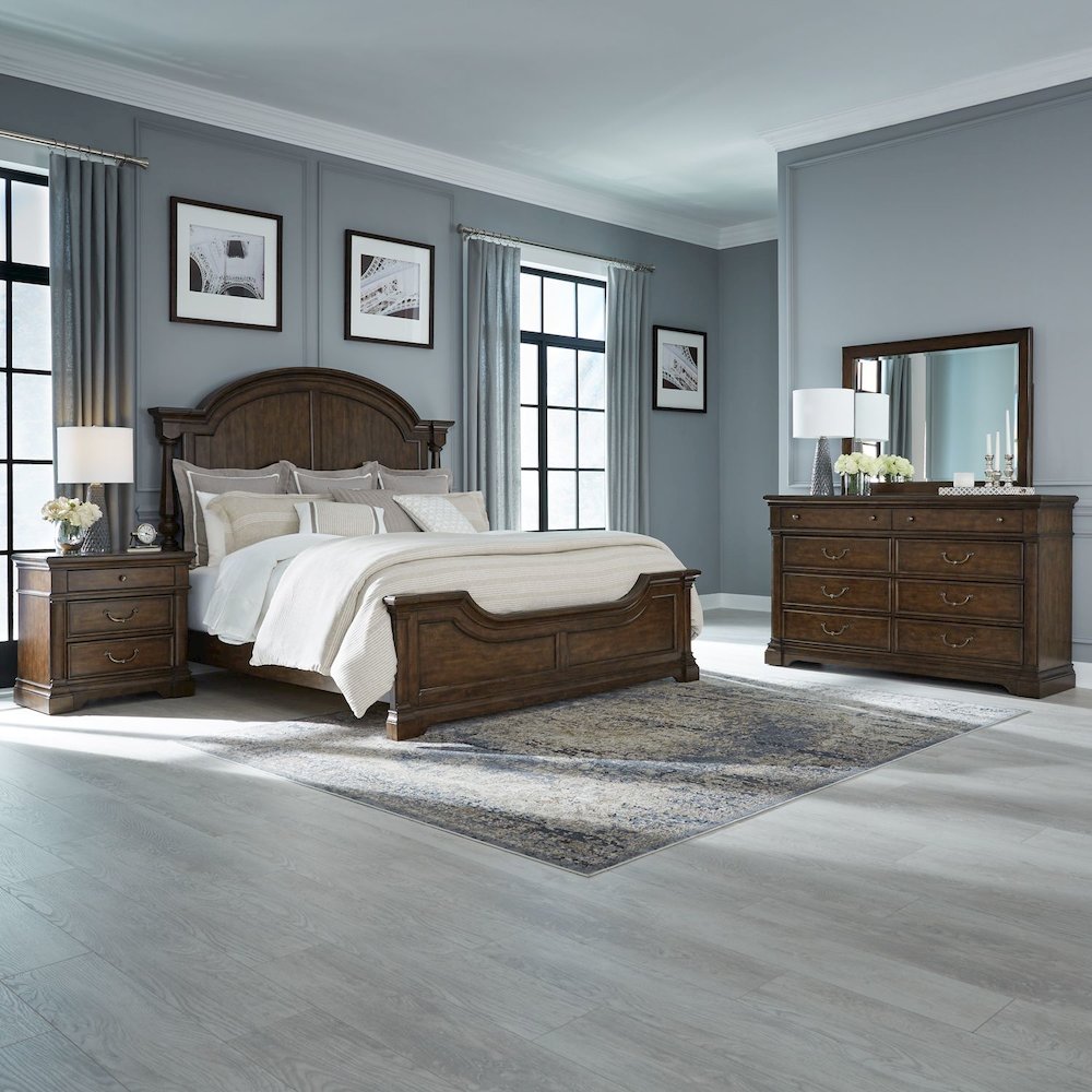 Bedroom Set - California King Poster Bed, Dresser & Mirror, Charging Nightstand