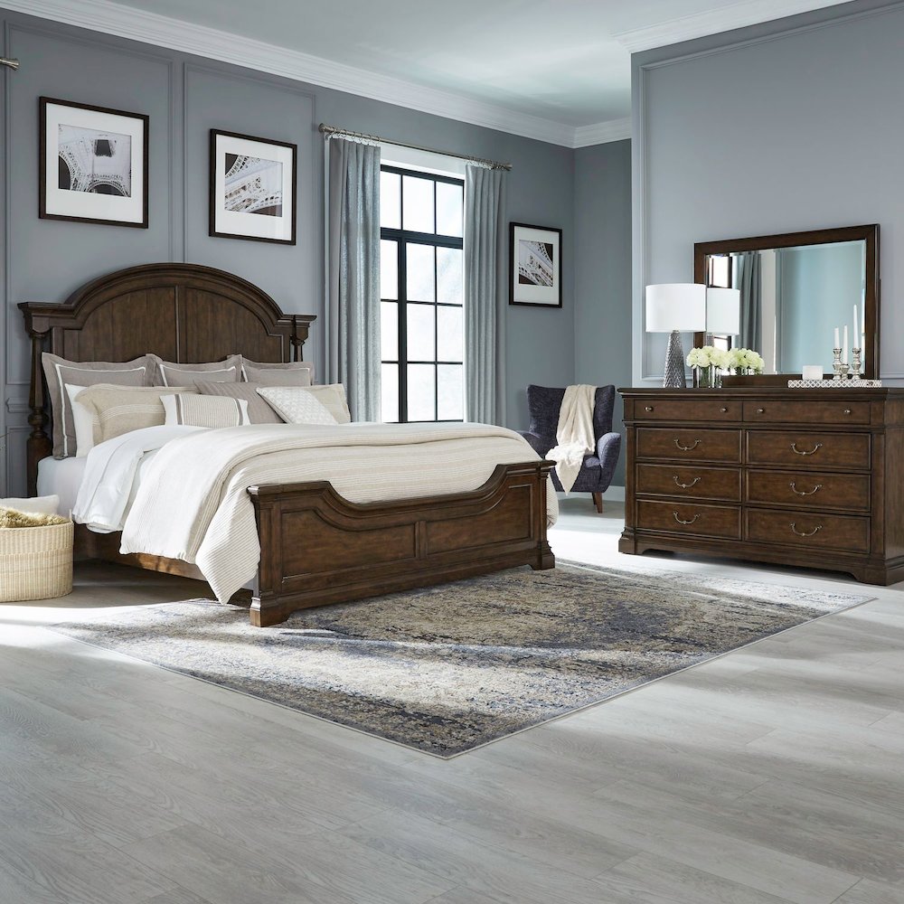 Arden Road Bedroom Set - King Poster Bed, Dresser & Mirror  - Satin Cherry