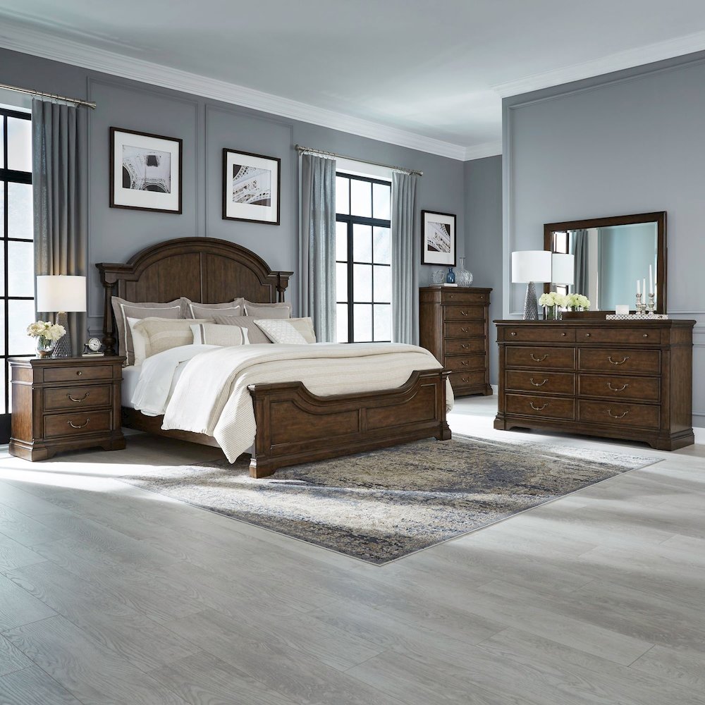 Bedroom Set - King Poster Bed, Dresser & Mirror, Chest, Charging Nightstand