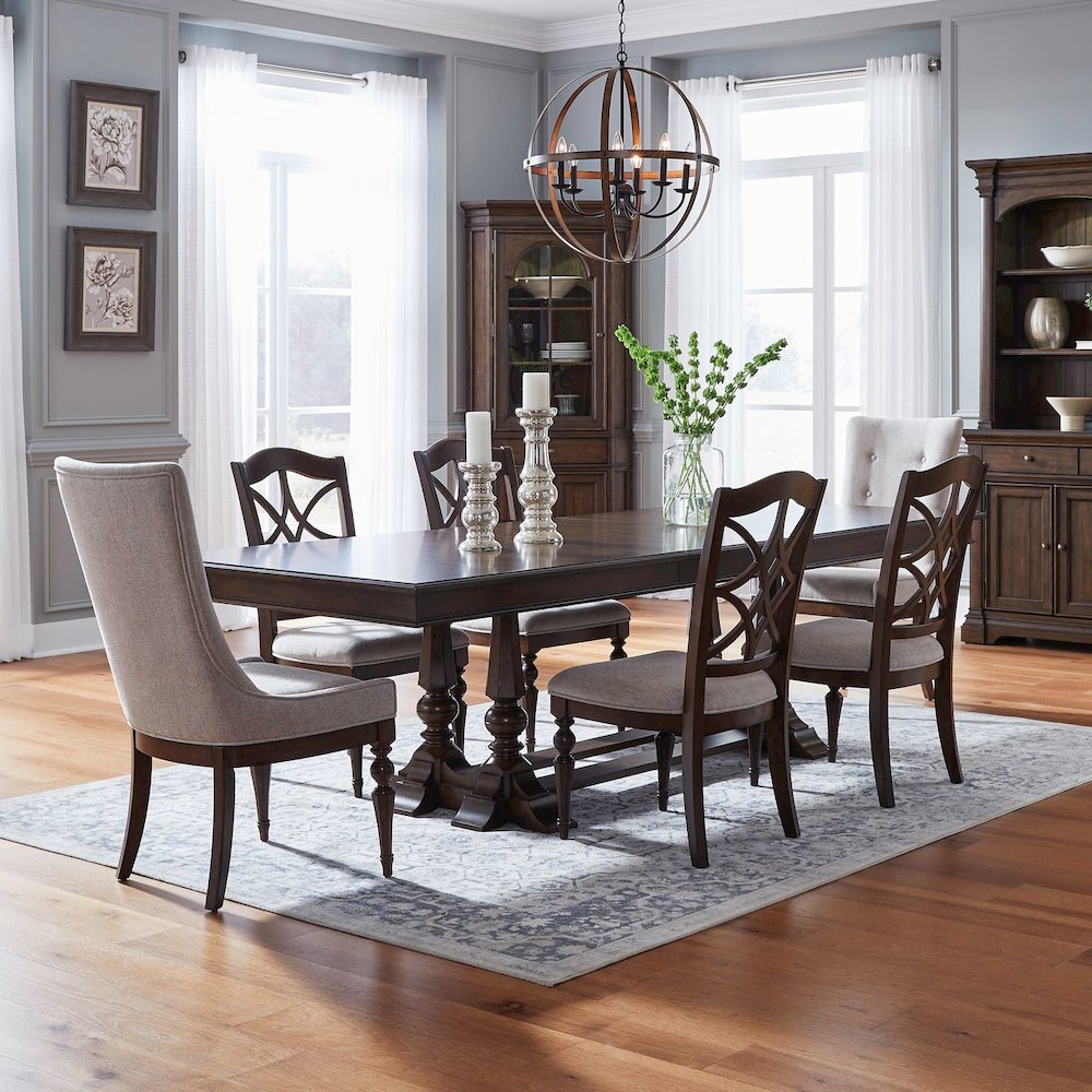 7 Piece Dining Trestle Table Set - 2 Upholstered Chairs, 4 Back Side Chairs