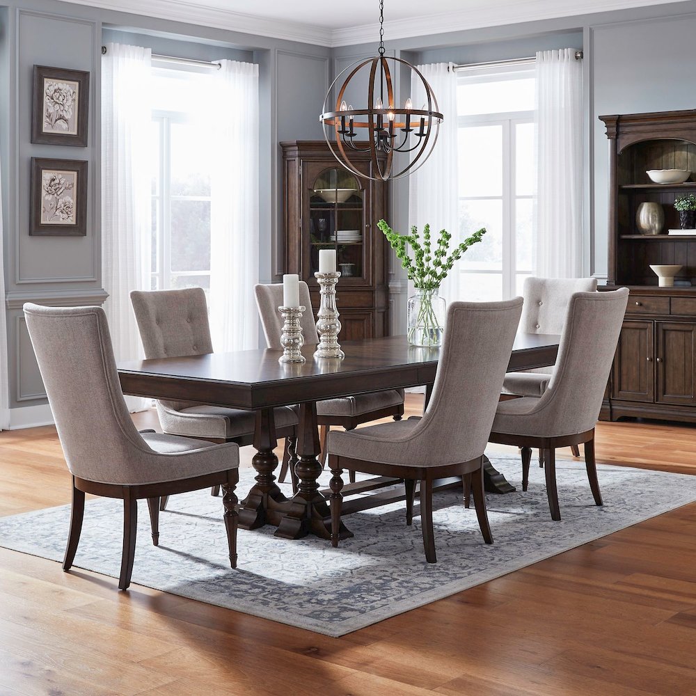 Arden Road Opt 7 Piece Trestle Table Set - 6 Upholstered Chairs - Satin Cherry