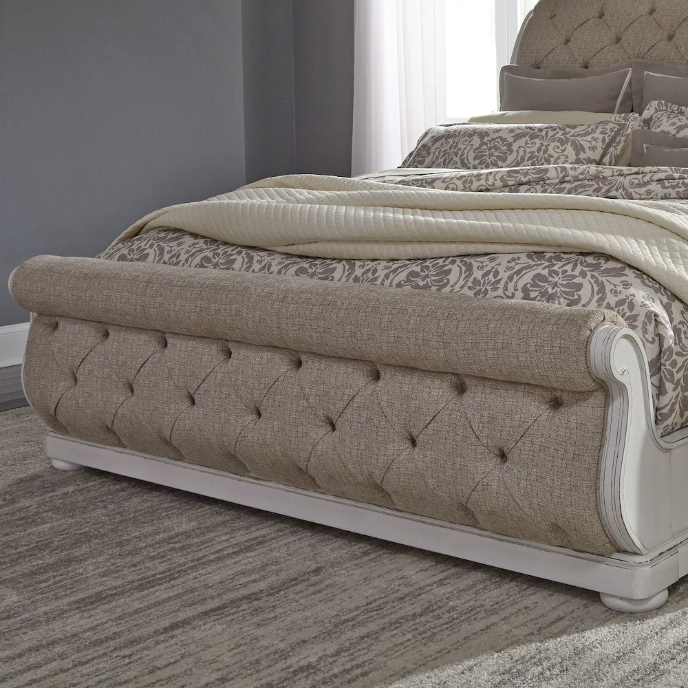 King California Sleigh Bed in Rubberwood Solids w/ White Oak & Birch Veneers