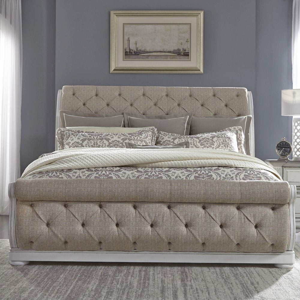 King California Sleigh Bed in Rubberwood Solids w/ White Oak & Birch Veneers