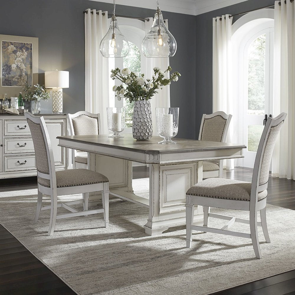 5 Piece Trestle Table Set in Rubberwood Solids w/ White Oak & Birch Veneers