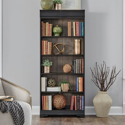 Meritage 72 Inch Bookcase for Home Office - Aged Charcoal w/ Rub Thru & Caramel