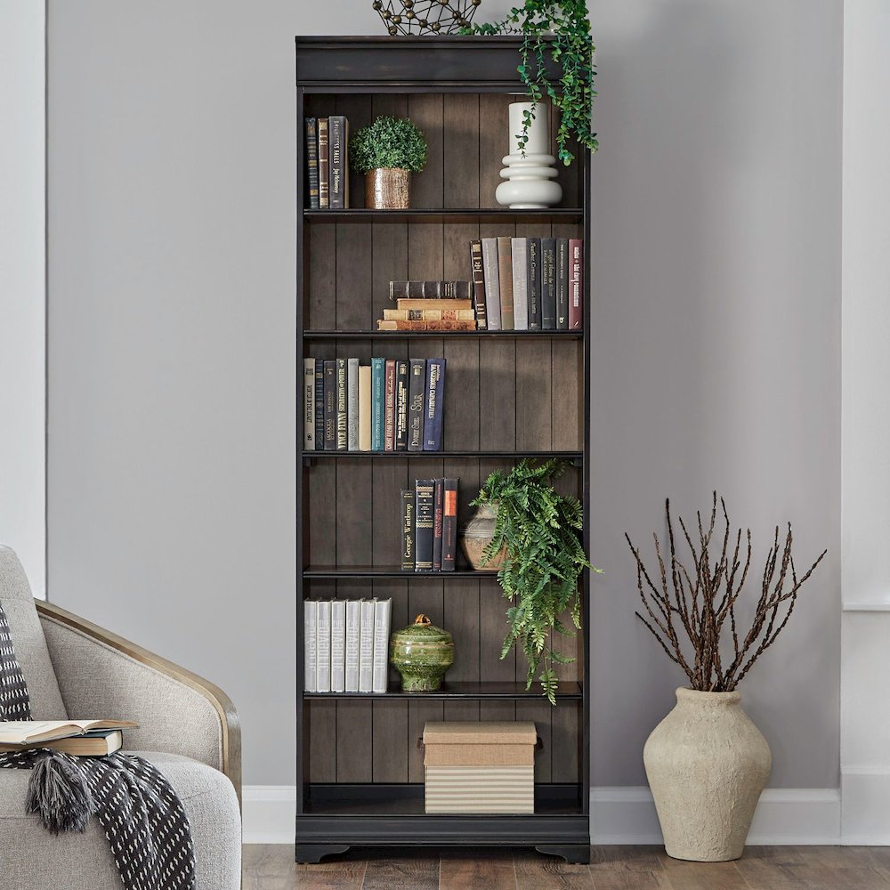 Meritage 84 Inch Bookcase for Home Office - Aged Charcoal w/ Rub Thru & Caramel