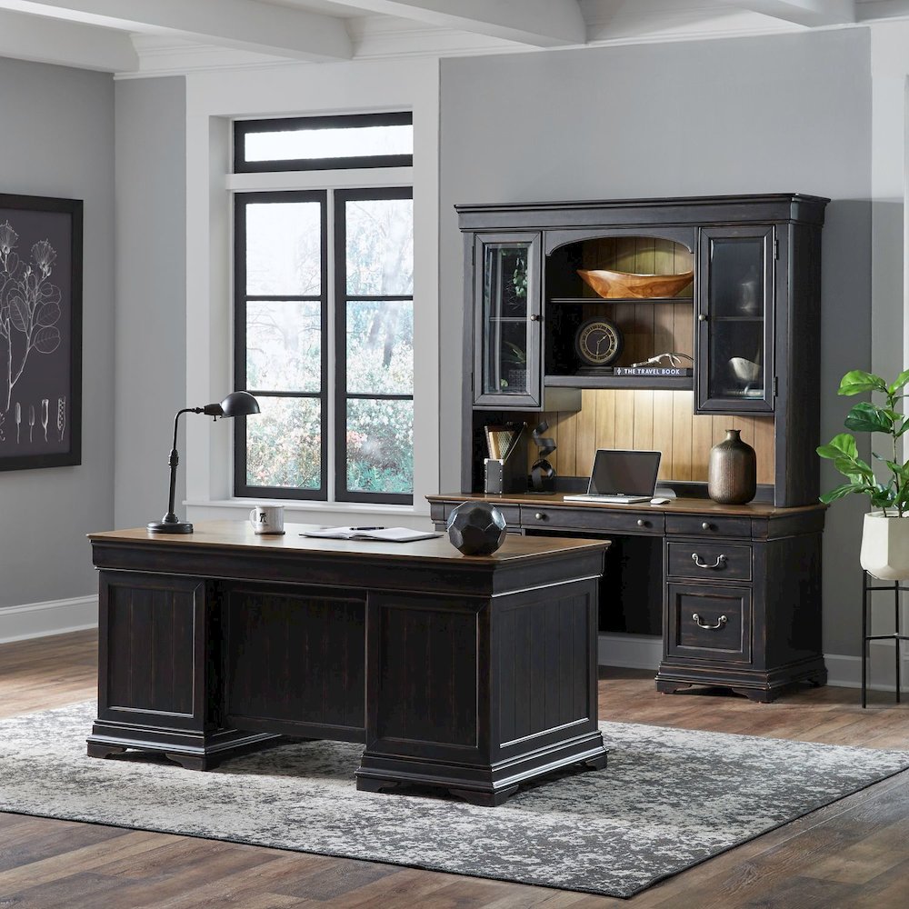 5 Piece Home Office Set with Desk, Credenza and Hutch - Aged Charcoal