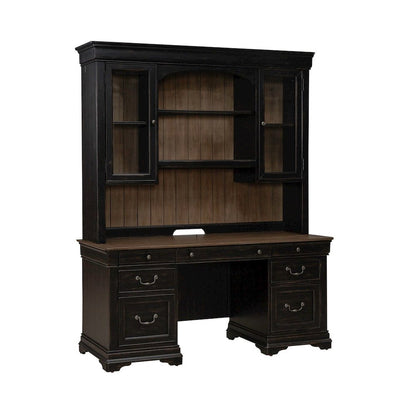 Meritage Credenza & Hutch Home Office Desk Set-Aged Charcoal, Rub Thru & Caramel