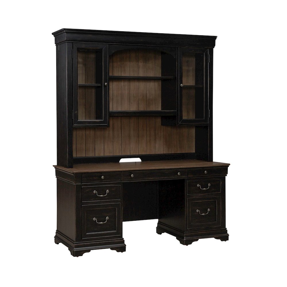 Meritage Credenza & Hutch Home Office Desk Set-Aged Charcoal, Rub Thru & Caramel