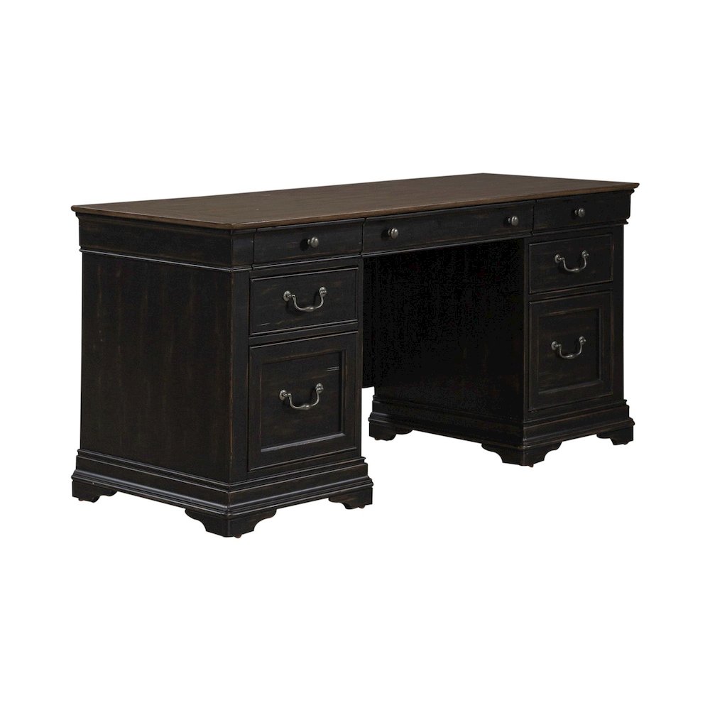 Credenza Desk for Home Office - Aged Charcoal, Rub Thru & Caramel