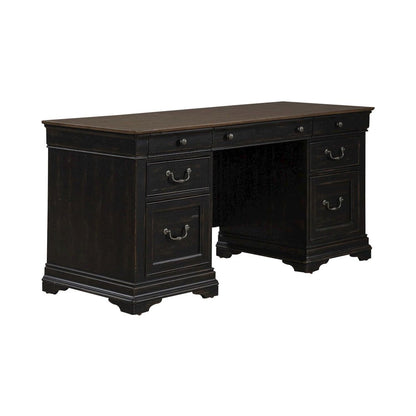 Credenza Desk for Home Office - Aged Charcoal, Rub Thru & Caramel