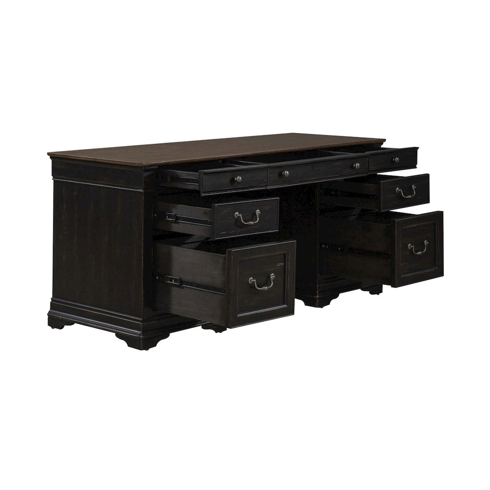 Credenza Desk for Home Office - Aged Charcoal, Rub Thru & Caramel