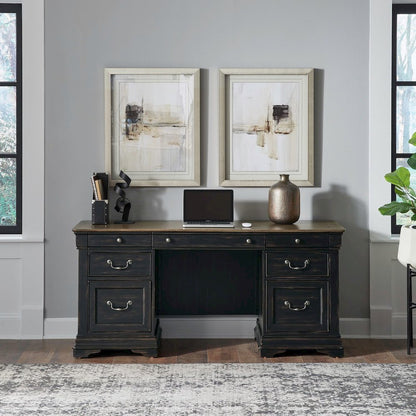 Credenza Desk for Home Office - Aged Charcoal, Rub Thru & Caramel