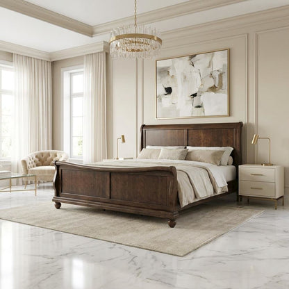 Poplar Solid Wood Queen Sleigh Bed with Tall Headboard, Cherry