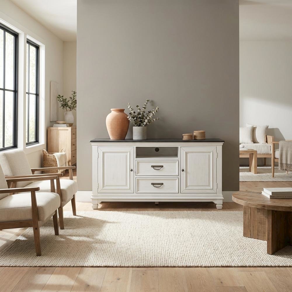 White Wirebrushed TV Console with Charcoal Top in Cottage Style
