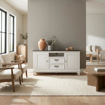 White Wirebrushed TV Console with Charcoal Top in Cottage Style