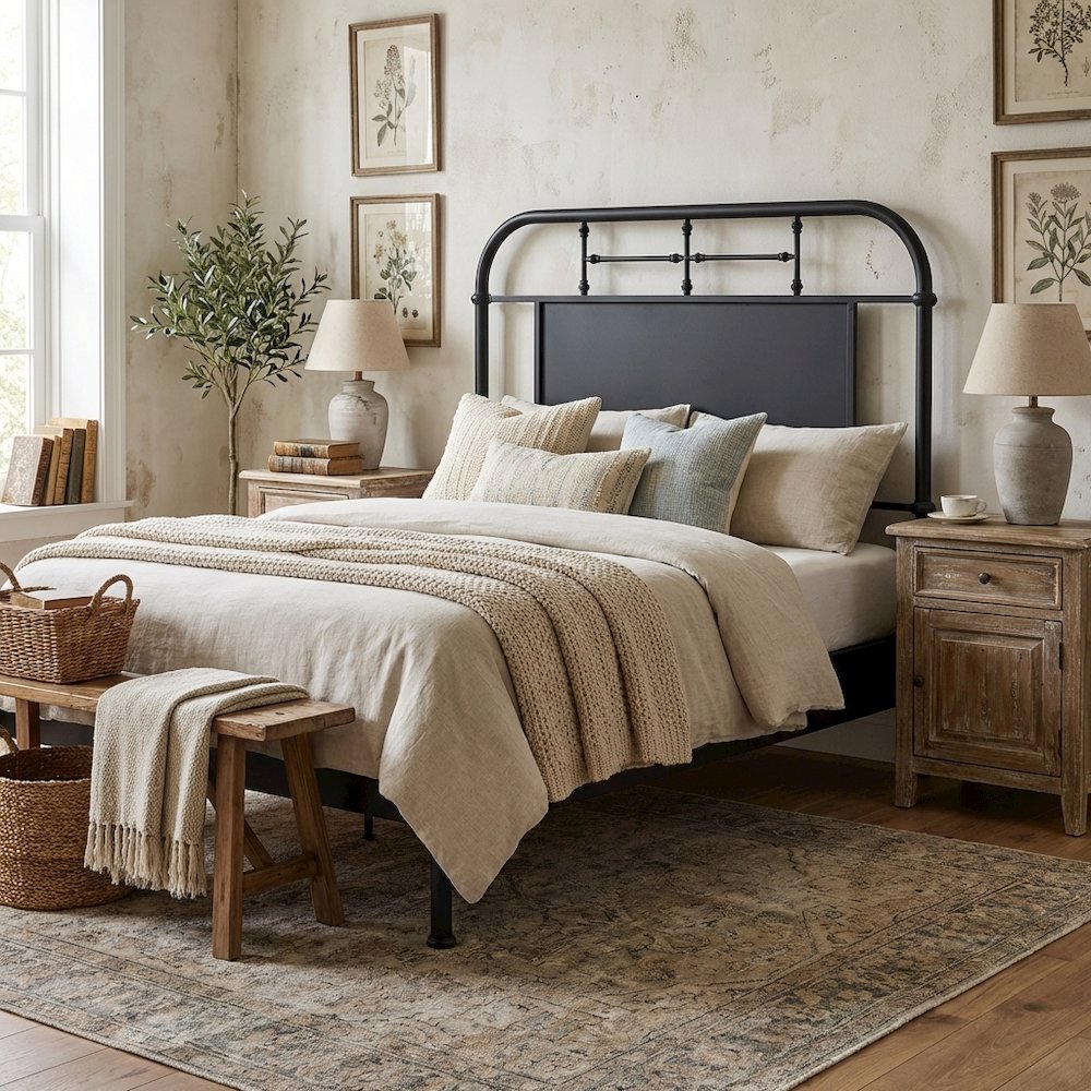 Distressed Metal Twin Headboard with Vintage Design and Metal Tube Frame
