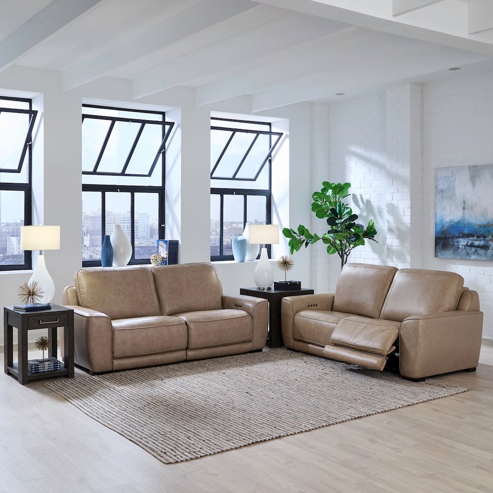 Blake Zero Wall Power Recline Set with Sofa & Loveseat - Sophia Oatmeal Leather