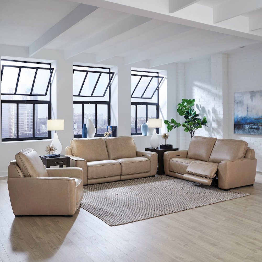 Blake Power Recline Set with Sofa, Loveseat & Recliner - Sophia Oatmeal Leather
