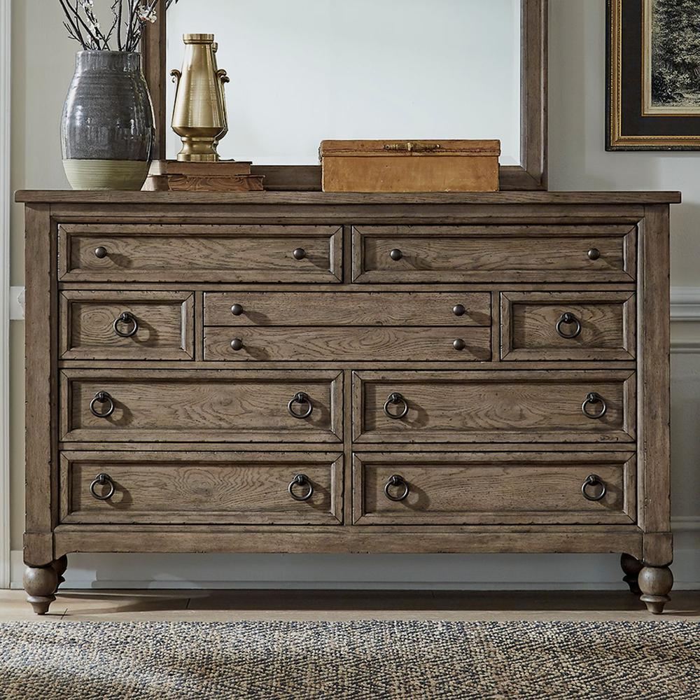 Americana Farmhouse 9 Drawer Dresser, Black in Dusty Taupe