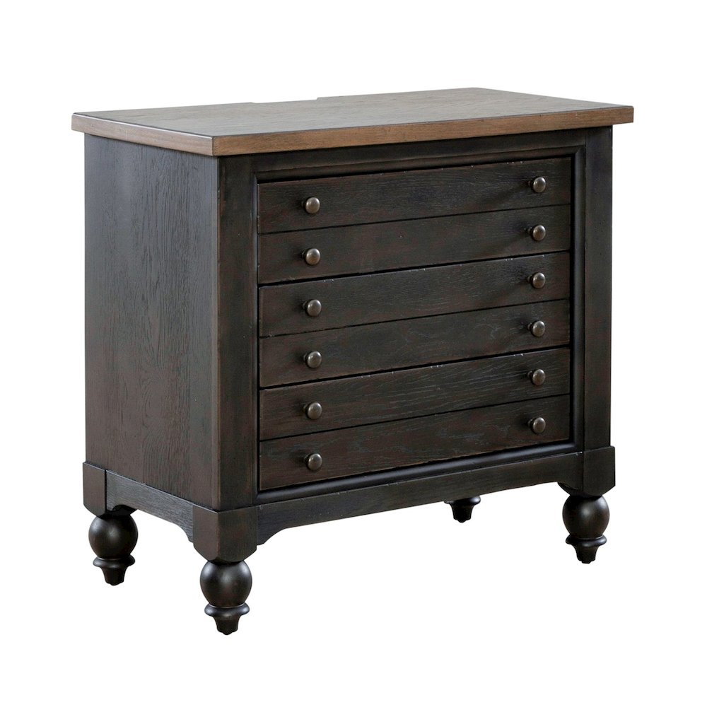 Americana Farmhouse Bedside Nightstand Chest w/ USB Charging - Taupe & Black Oak