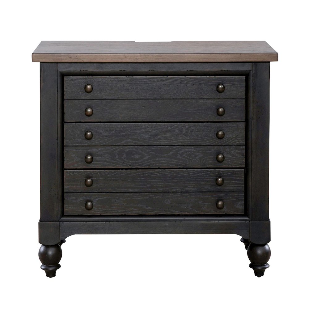 Americana Farmhouse Bedside Nightstand Chest w/ USB Charging - Taupe & Black Oak