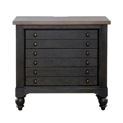 Americana Farmhouse Bedside Nightstand Chest w/ USB Charging - Taupe & Black Oak