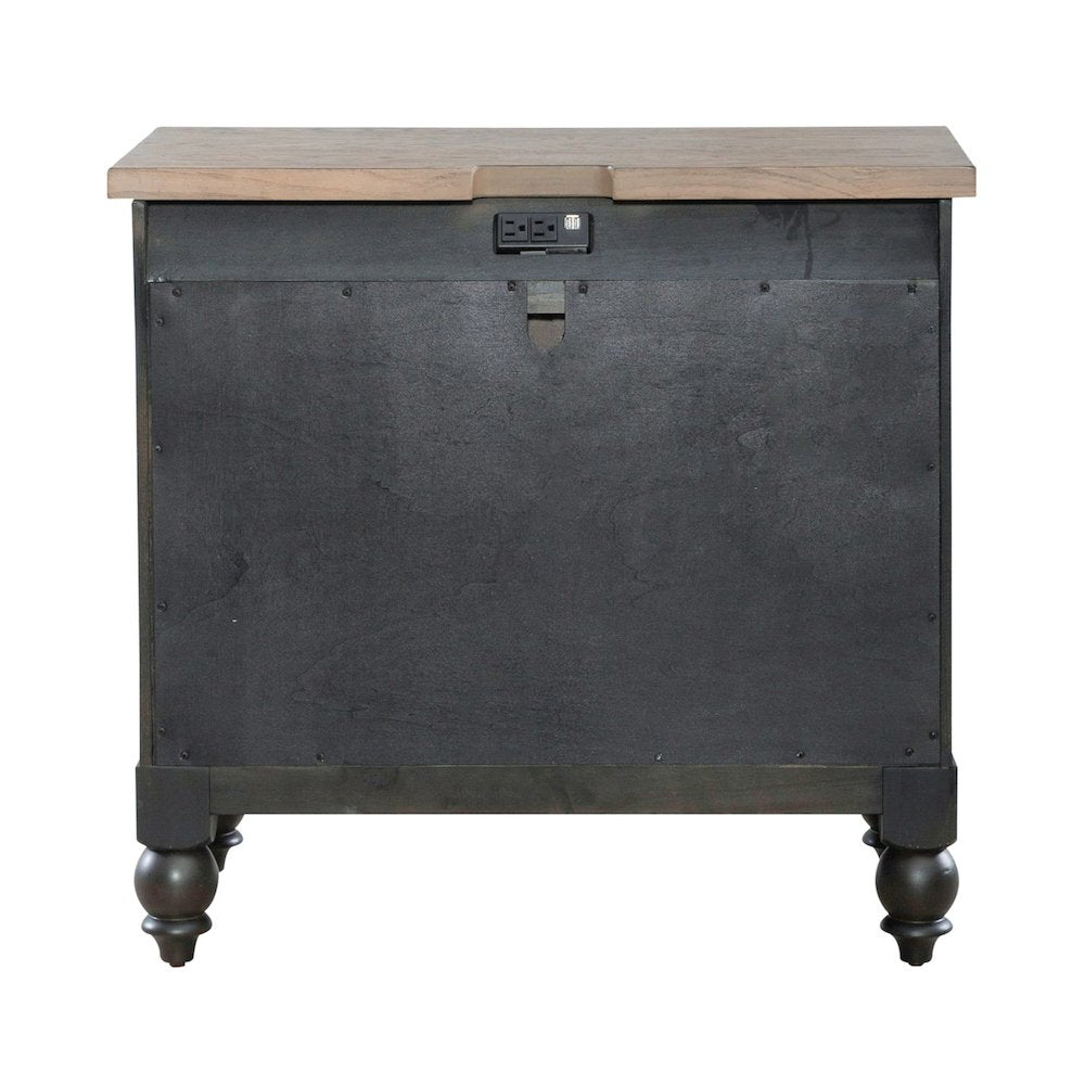 Americana Farmhouse Bedside Nightstand Chest w/ USB Charging - Taupe & Black Oak