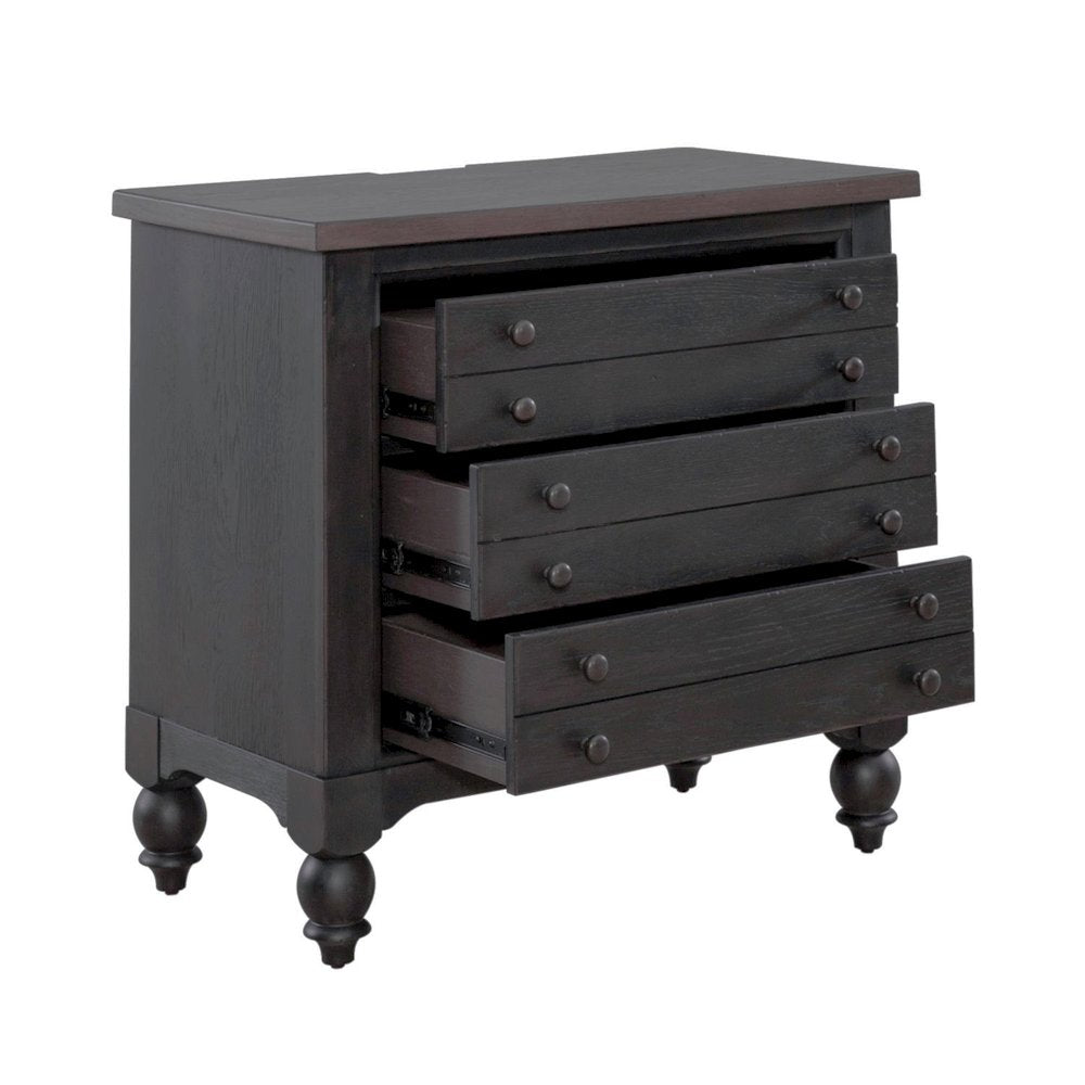 Bedside Chest w/ Charging Station - Black Traditional in Dusty Taupe 3 Drawers