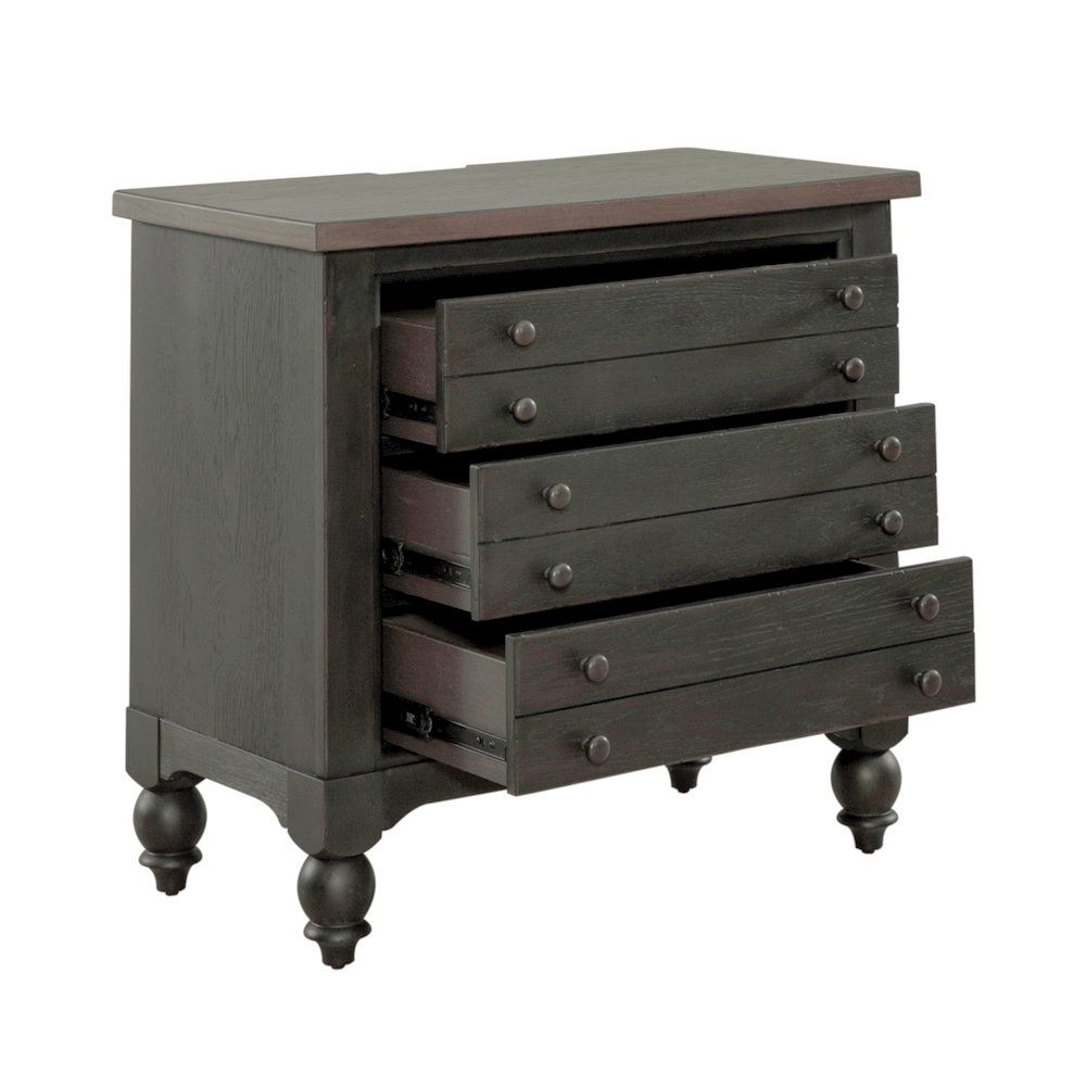 Americana Farmhouse Bedside Nightstand Chest w/ USB Charging - Taupe & Black Oak