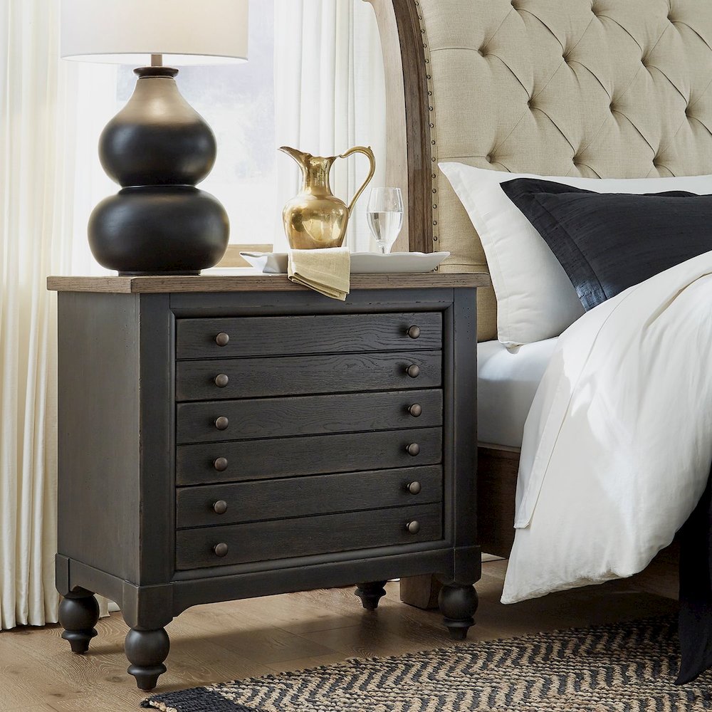 Americana Farmhouse Bedside Nightstand Chest w/ USB Charging - Taupe & Black Oak