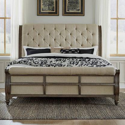 Americana Farmhouse California King Sleigh Bed - Dusty Taupe & Black Oak Wood