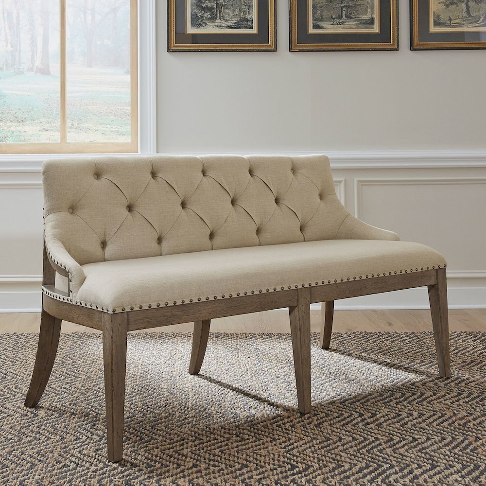 Americana Farmhouse Upholstered Shelter Dining Bench in Dusty Taupe