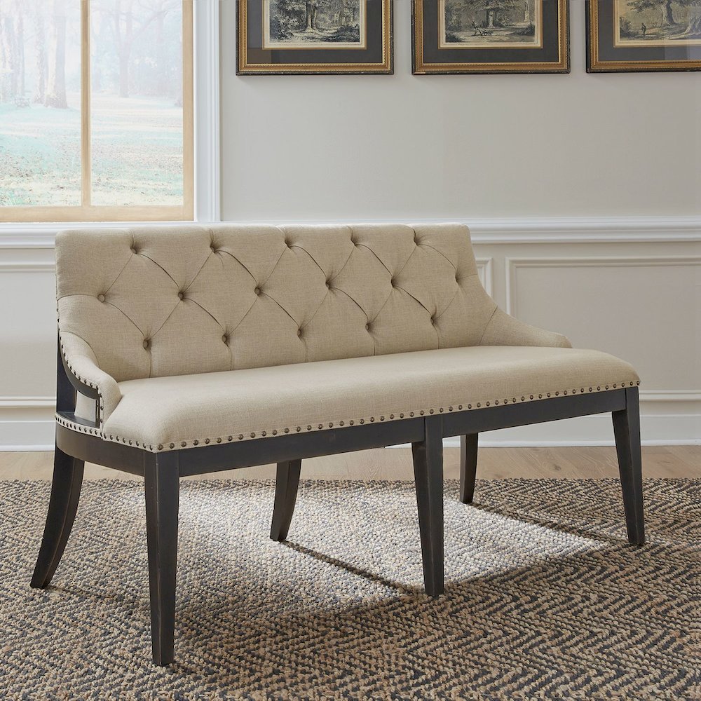 Americana Farmhouse Upholstered Shelter Dining Bench- Black in Dusty Taupe