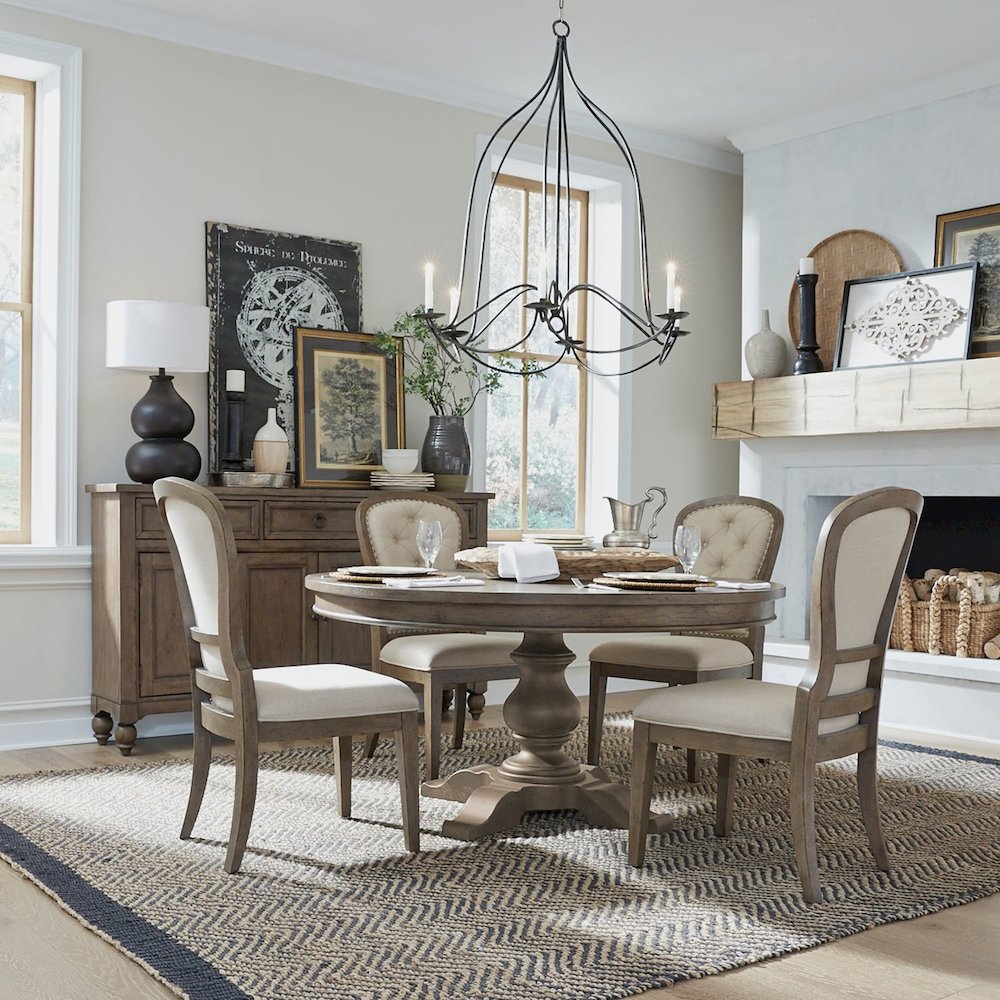 Americana Farmhouse Optional 5 Piece Pedestal Table Set - 4 Tufted Back Chairs