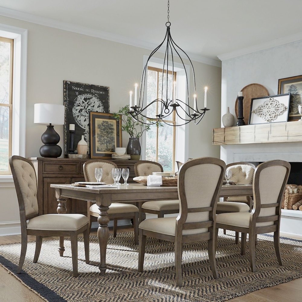 Americana Farmhouse Optional 7 Piece Leg Table Set - 6 Tufted Back Chairs
