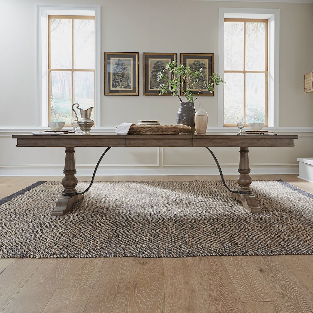 Americana Farmhouse Trestle Table 24" Removable Leaf - Dusty Taupe Oak
