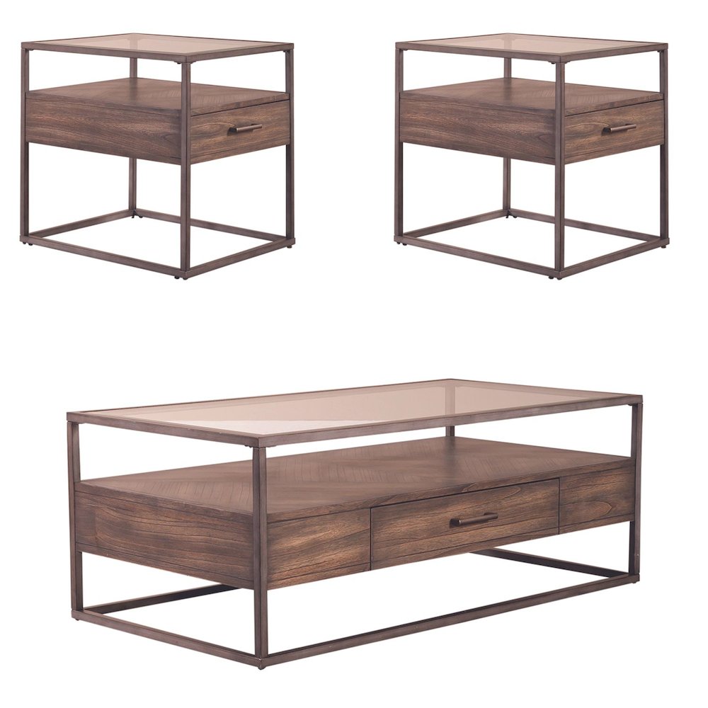Jamestown Glass Top 3 Piece Set - Cocktail Table, 2 End Tables - Tobacco
