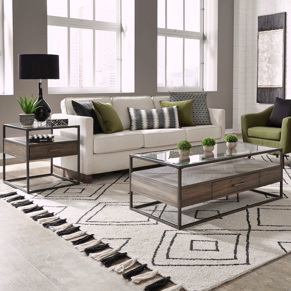 Jamestown Glass Top 3 Piece Set - Cocktail Table, 2 End Tables - Tobacco