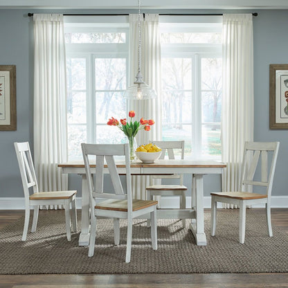 Lindsey Farm 5 Piece Trestle Table Set - 4 Splat Back Chairs - Weathered White