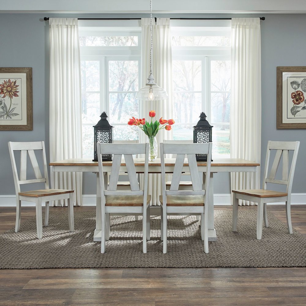 Lindsey Farm 7 Piece Trestle Table Set - 6 Splat Back Chairs - Weathered White