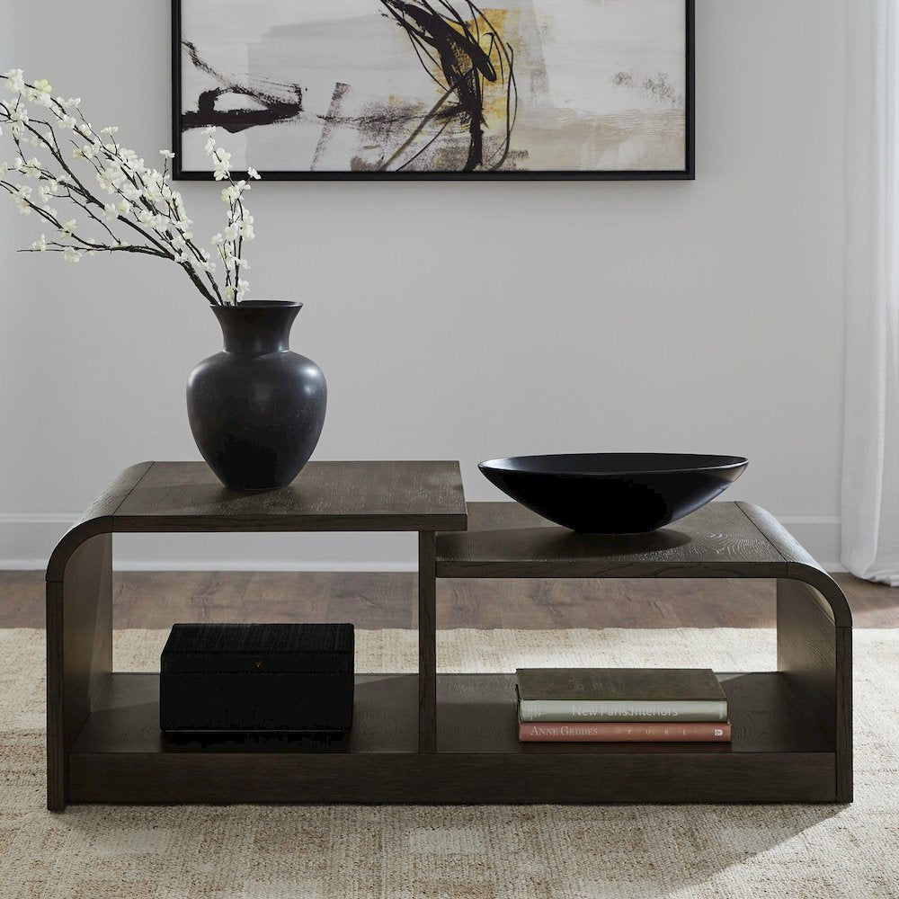 Living Room Cocktail Table Rounded Waterfall Edge Design - Espresso Oak Wood