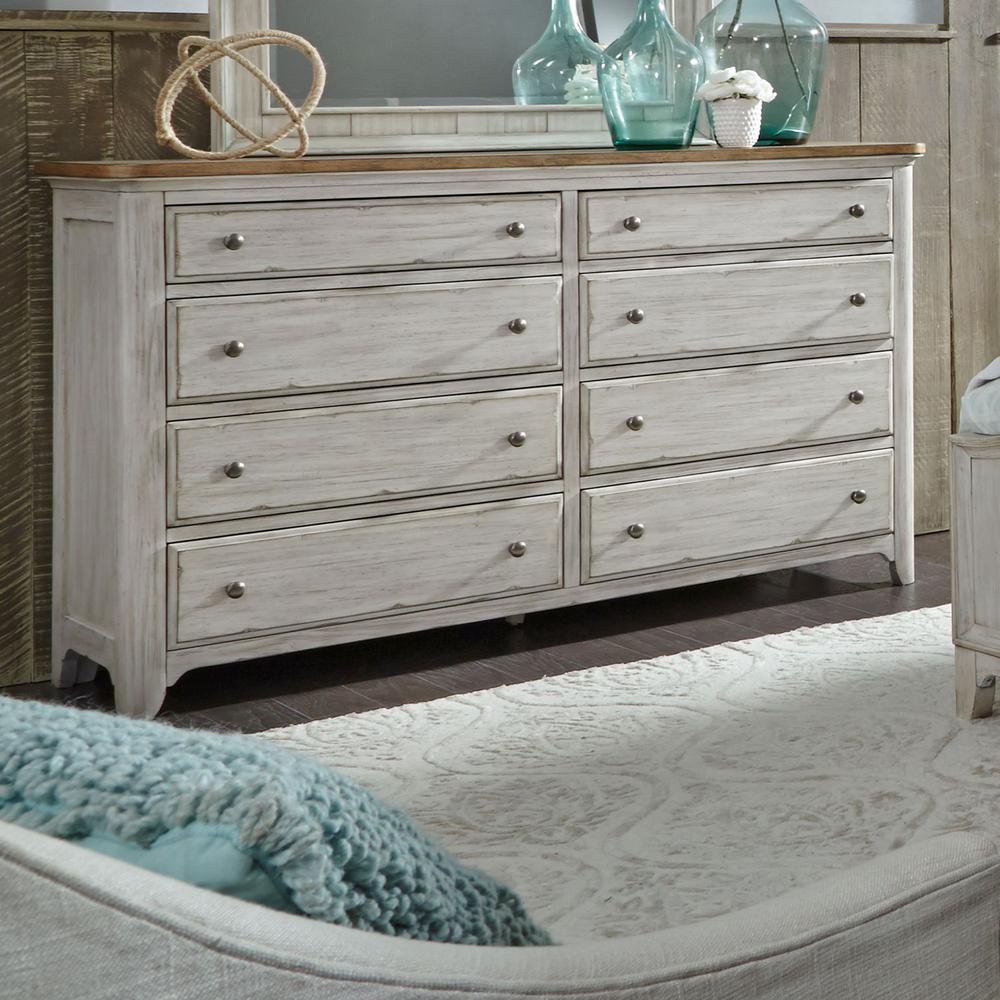 Farmhouse Reimagined 8 Drawer Dresser in Antique White w/ Chestnut Top
