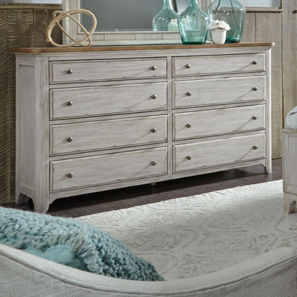Farmhouse Reimagined 8 Drawer Dresser in Antique White w/ Chestnut Top