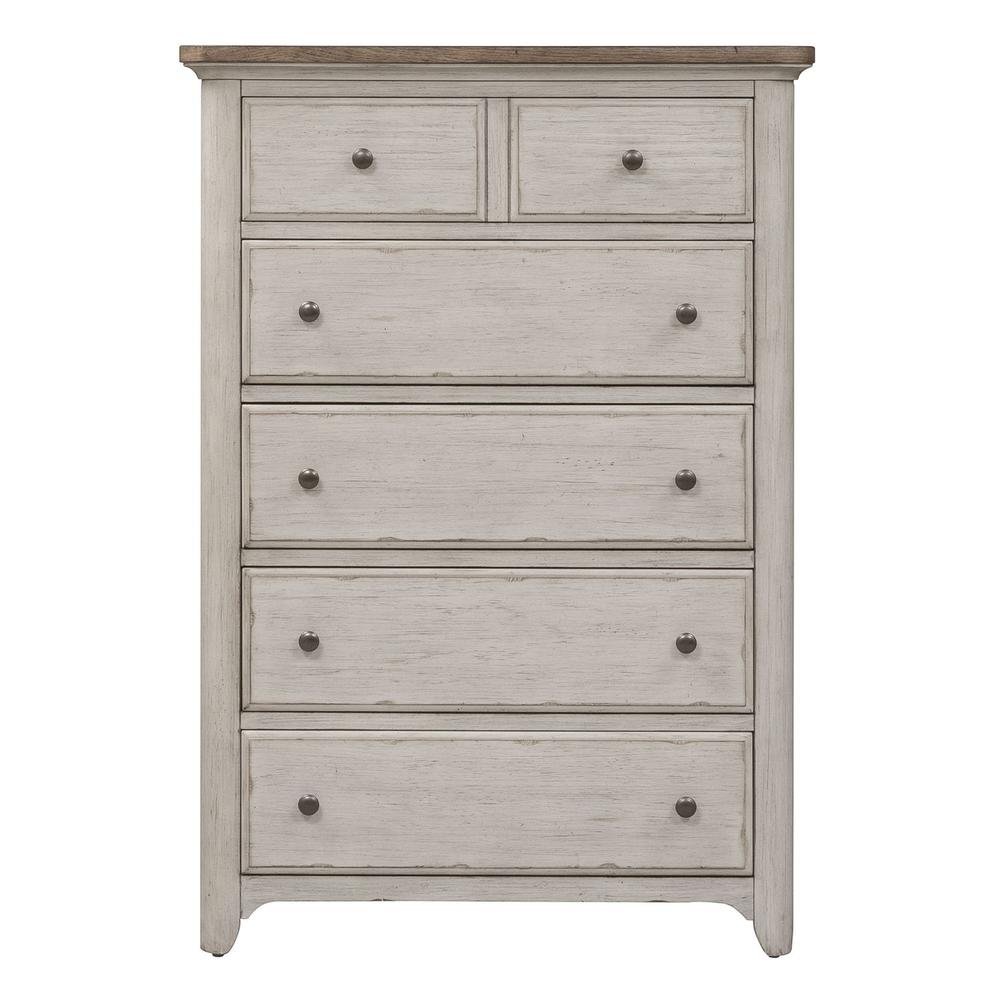 Farmhouse Reimagined 5 Drawer Chest in Antique White w/ Chestnut Top