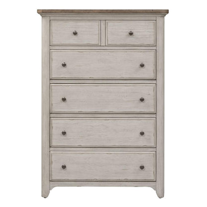 Farmhouse Reimagined 5 Drawer Chest in Antique White w/ Chestnut Top