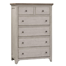 Farmhouse Reimagined 5 Drawer Chest in Antique White w/ Chestnut Top