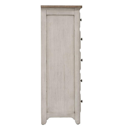 Farmhouse Reimagined 5 Drawer Chest in Antique White w/ Chestnut Top